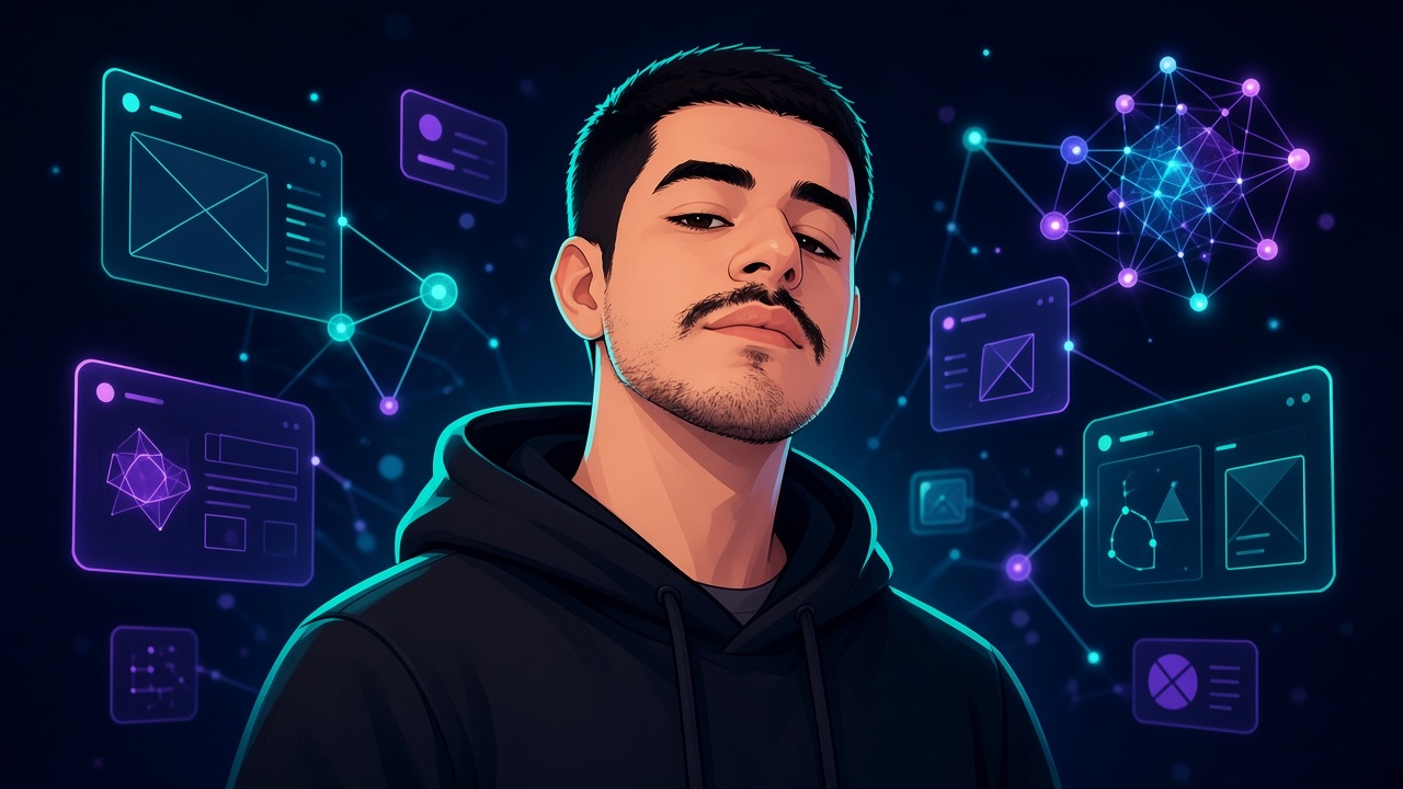 Ilustração em cartoon de João cercado por interfaces e nós de inteligência artificial
